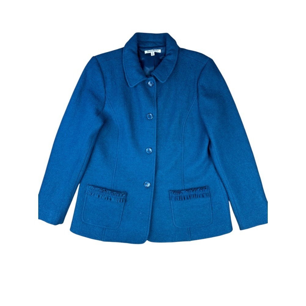 NorthStyle‎ Boiled Wool Blend Jacket M Teal Blue Ruffle Sleeve Button Up Coat